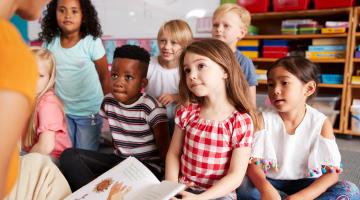 Group-Of-Elementary-School-Pupils-Sitting-On-Floor-Listening-To-Female-Teacher-Read-Story